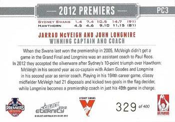 2012 Select AFL Eternity - Premiers #PC3 John Longmire / Jarrad McVeigh Back